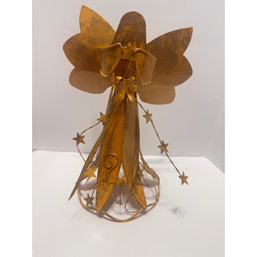 Vintage Gold Metal Angel Tree Topper Rustic Celestial Star Christmas Decor 10in